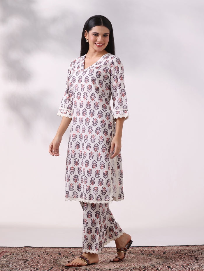 Women Cotton Off White Printed Kurta With Comfort Pant