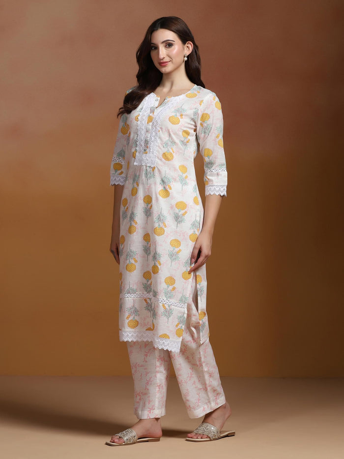 Women Cotton Off White Printed Kurta With Comfort Pant.