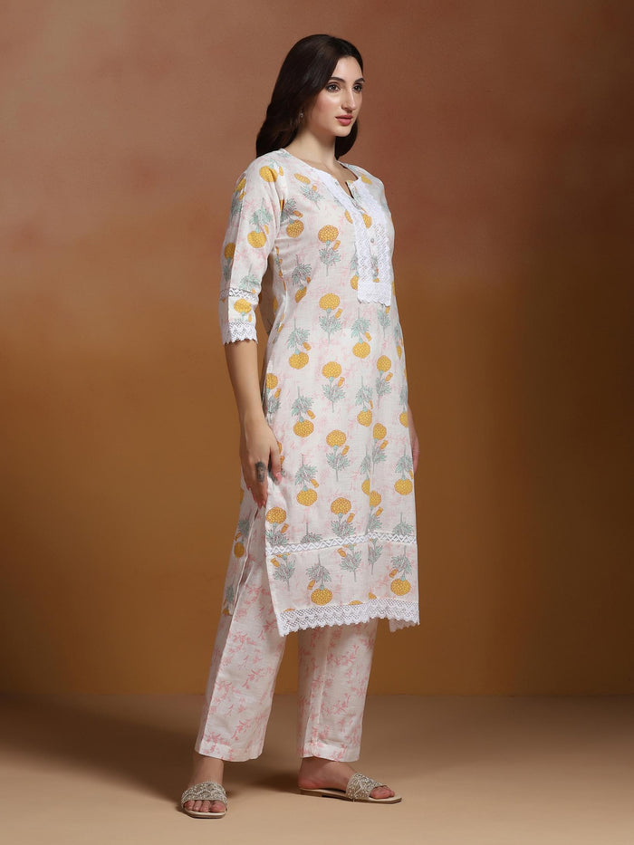 Women Cotton Off White Printed Kurta With Comfort Pant.