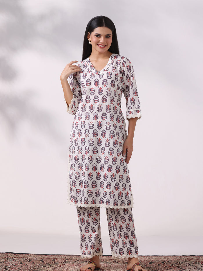 Women Cotton Off White Printed Kurta With Comfort Pant