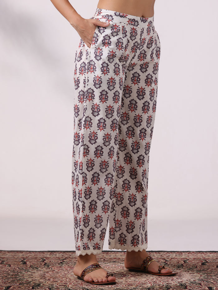 Women Cotton Off White Printed Kurta With Comfort Pant
