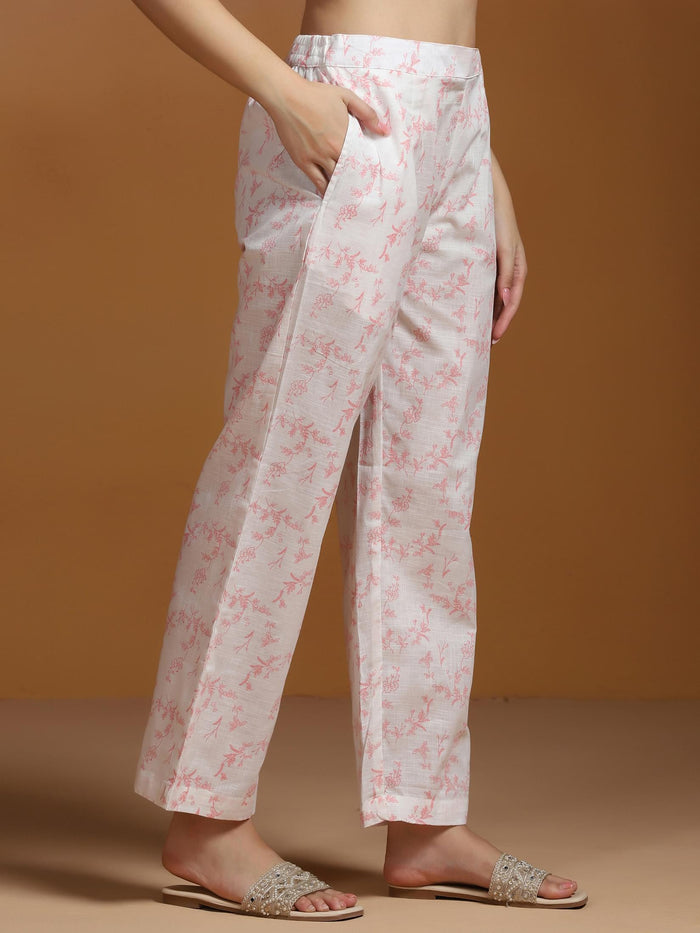 Women Cotton Off White Printed Kurta With Comfort Pant.