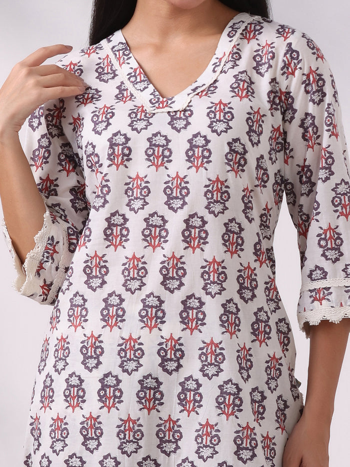 Women Cotton Off White Printed Kurta With Comfort Pant