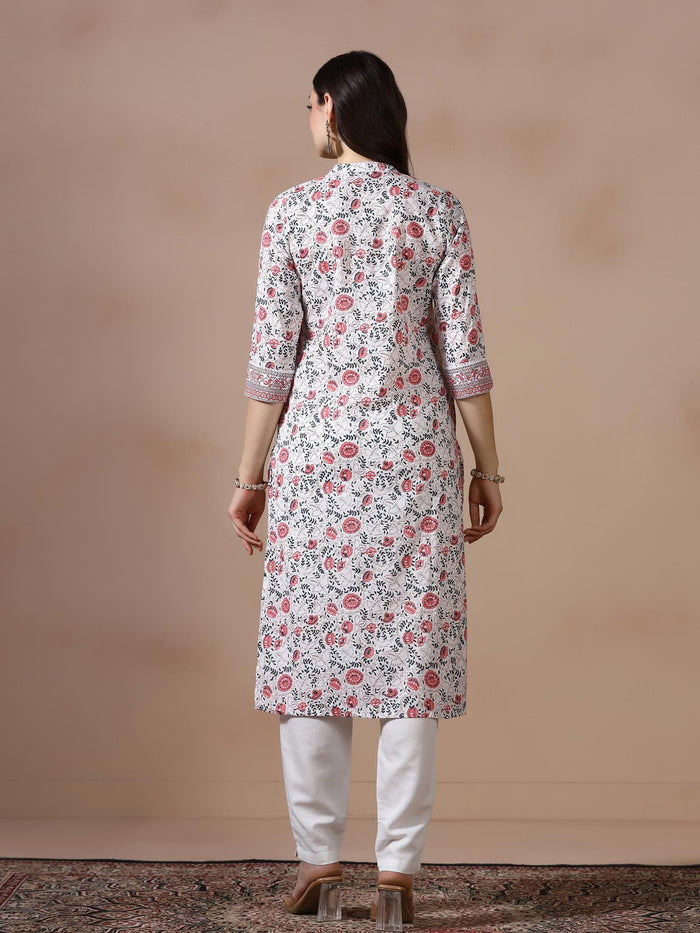 Women Cotton Off White Printed Kurta.