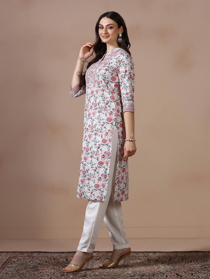 Women Cotton Off White Printed Kurta.