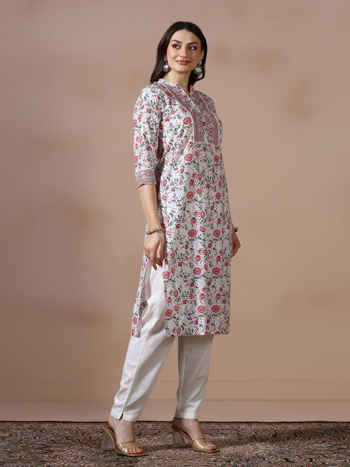 Women Cotton Off White Printed Kurta.