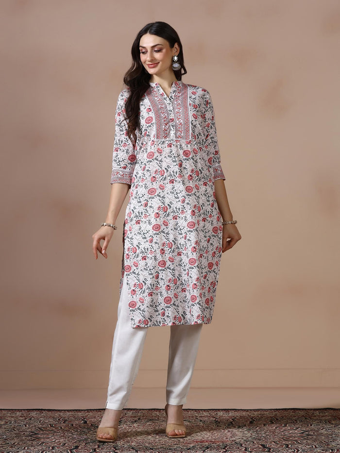 Women Cotton Off White Printed Kurta.