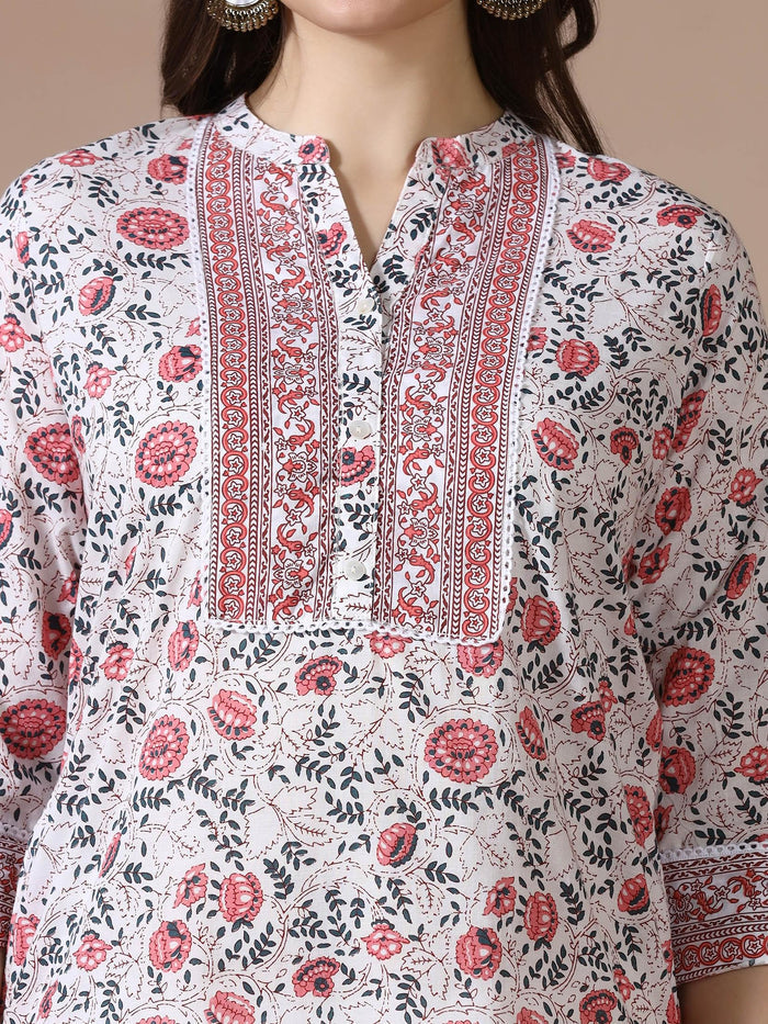 Women Cotton Off White Printed Kurta.