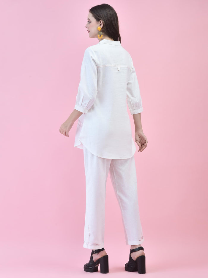 Women Cotton Off White Solid Co-Ord Set.