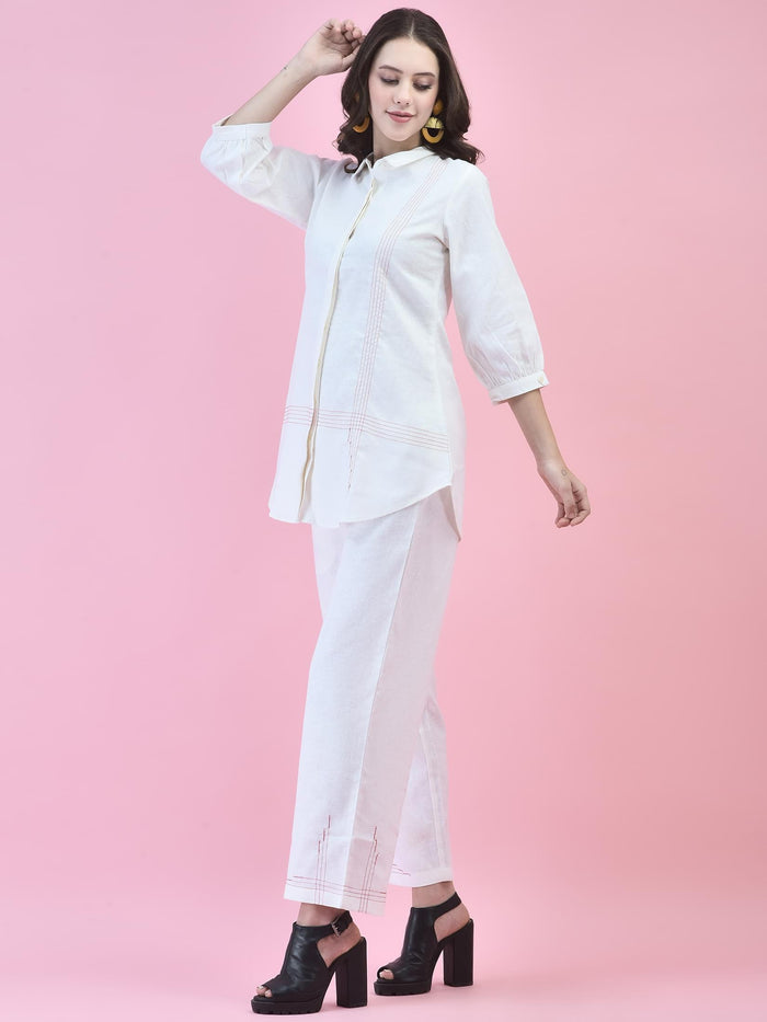 Women Cotton Off White Solid Co-Ord Set.
