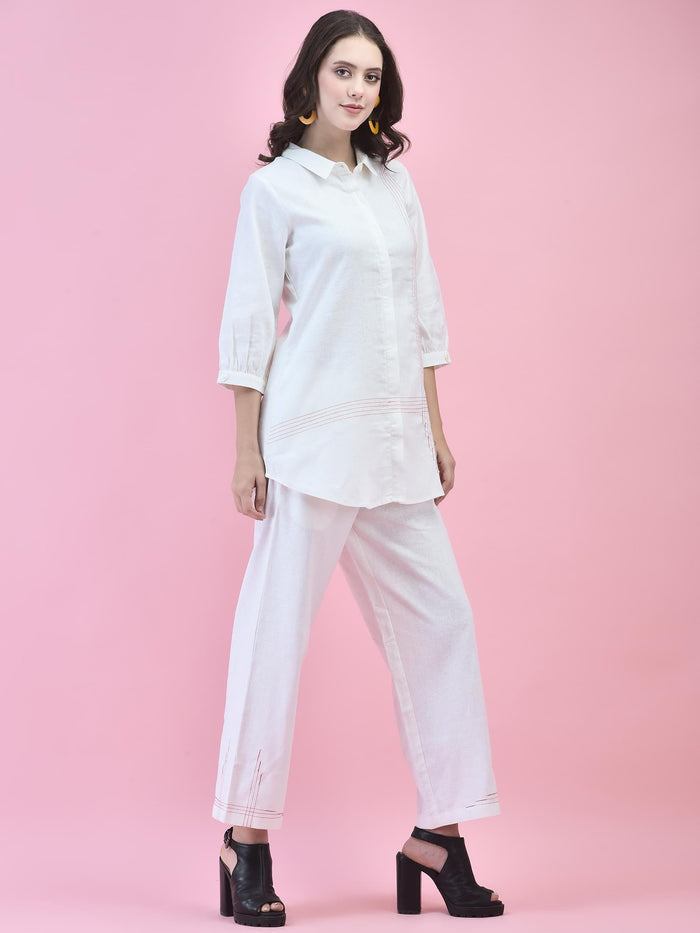 Women Cotton Off White Solid Co-Ord Set.