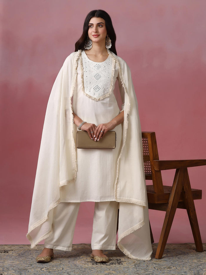Women Cotton Off White Solid Embroidered Kurta Comfort Pant Dupatta.