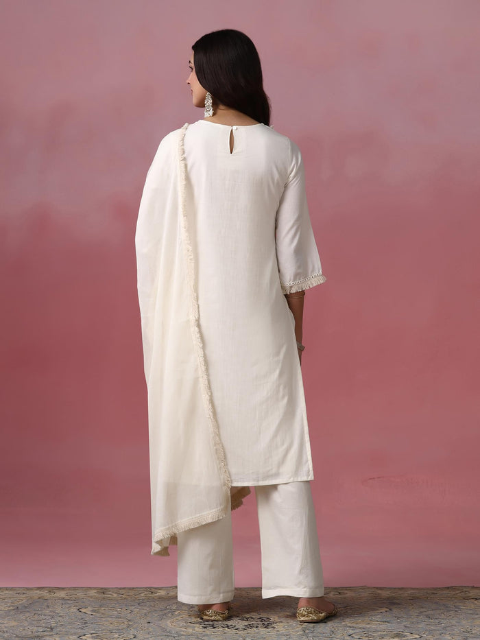 Women Cotton Off White Solid Embroidered Kurta Comfort Pant Dupatta.
