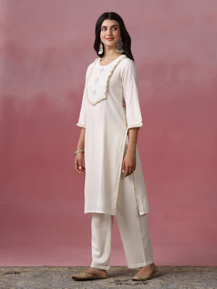 Women Cotton Off White Solid Embroidered Kurta Comfort Pant Dupatta.