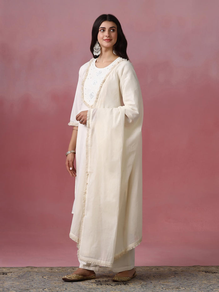 Women Cotton Off White Solid Embroidered Kurta Comfort Pant Dupatta.