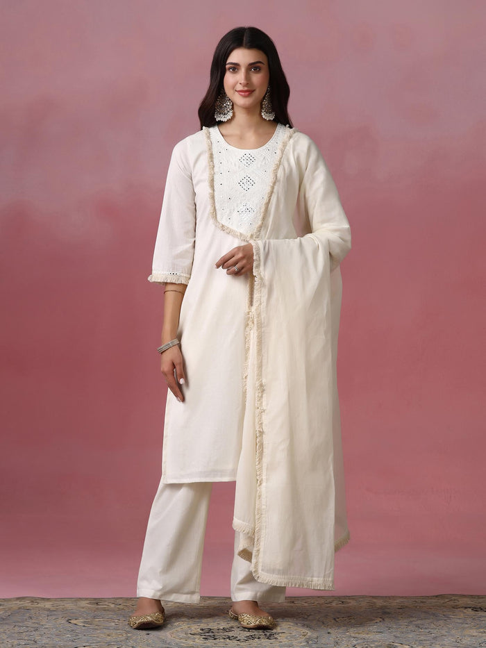 Women Cotton Off White Solid Embroidered Kurta Comfort Pant Dupatta.