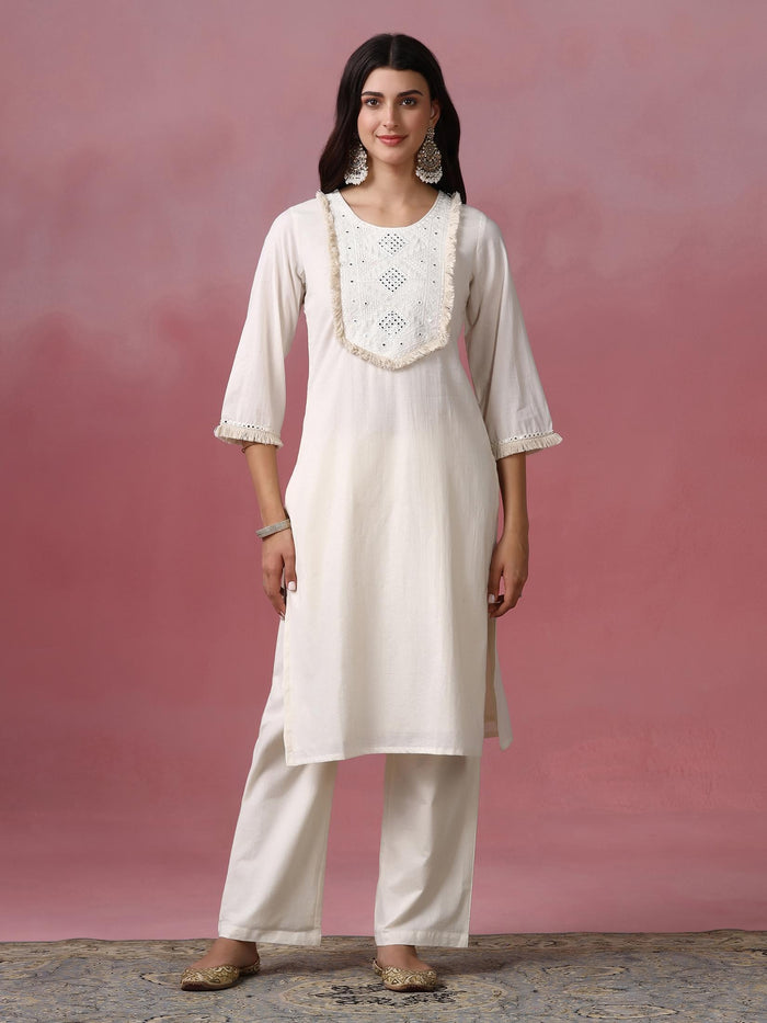 Women Cotton Off White Solid Embroidered Kurta Comfort Pant Dupatta.