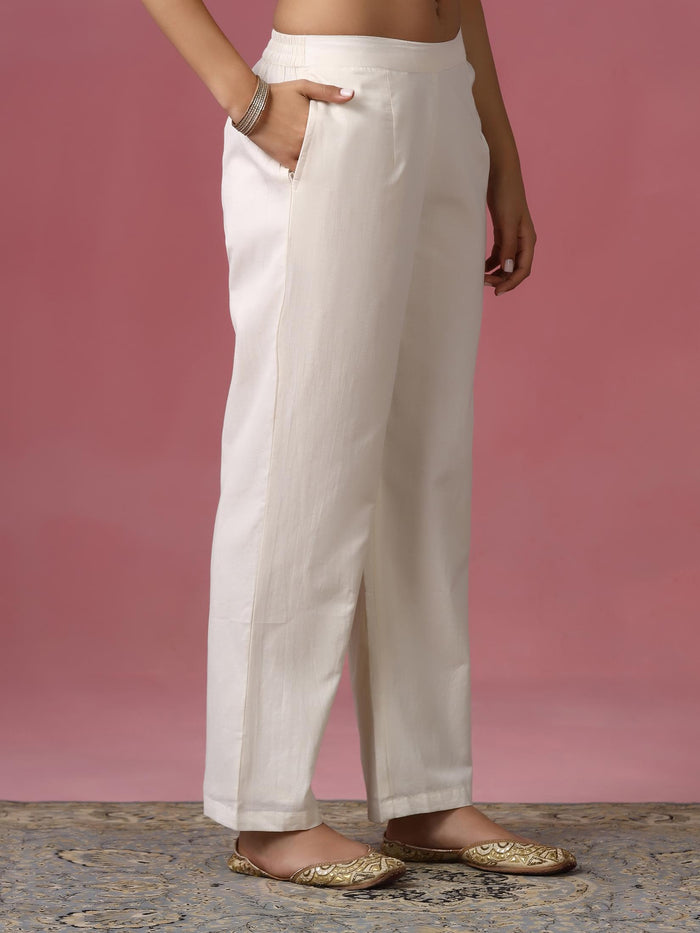 Women Cotton Off White Solid Embroidered Kurta Comfort Pant Dupatta.