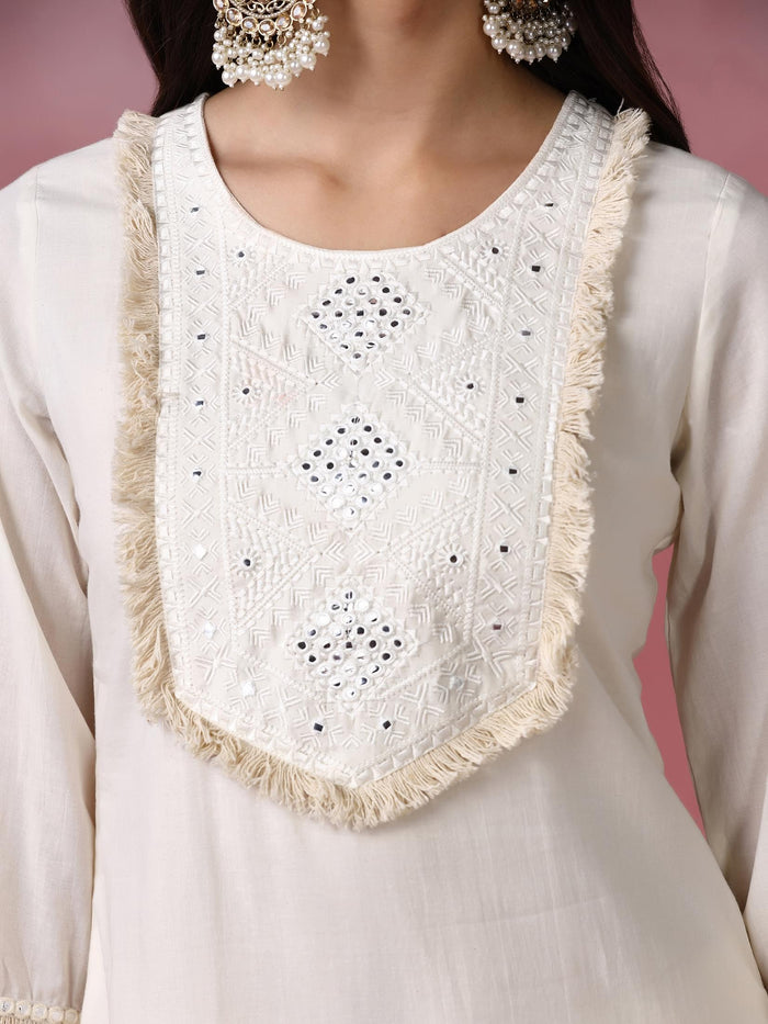 Women Cotton Off White Solid Embroidered Kurta Comfort Pant Dupatta.