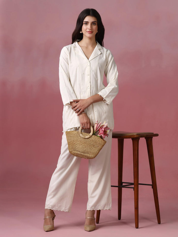 Women Cotton Off White With Embroidered Work Co Ord Set.