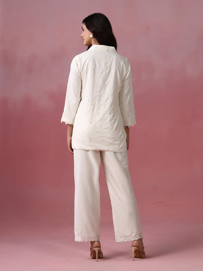 Women Cotton Off White With Embroidered Work Co Ord Set.