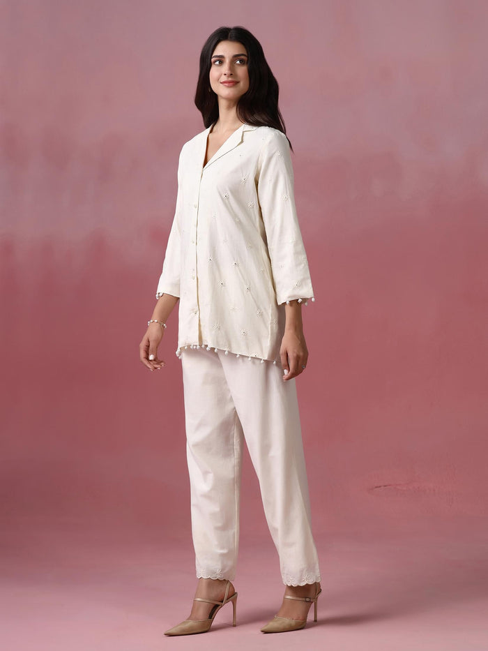 Women Cotton Off White With Embroidered Work Co Ord Set.