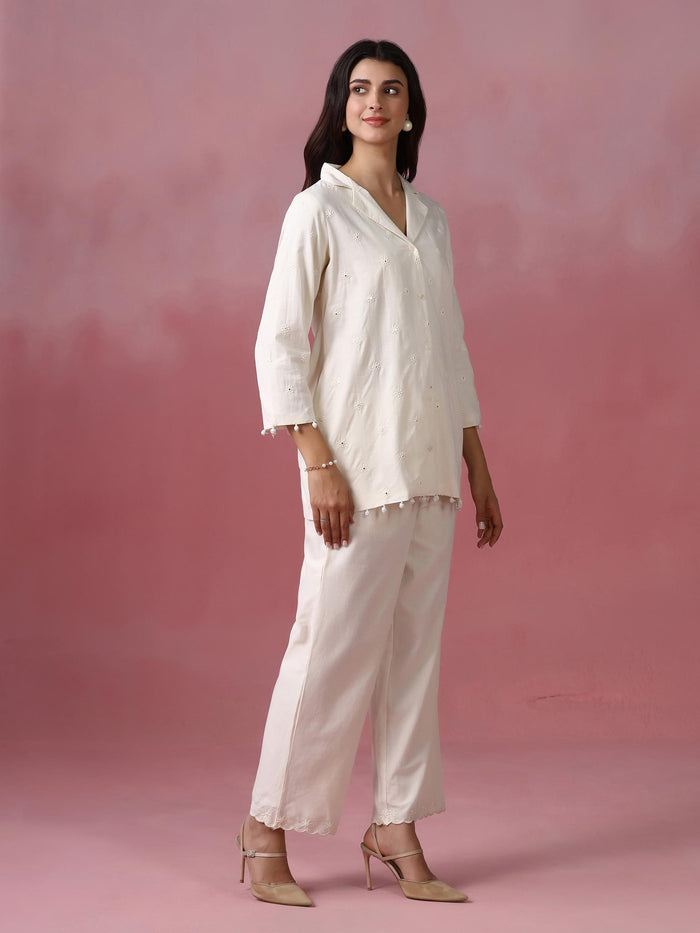 Women Cotton Off White With Embroidered Work Co Ord Set.
