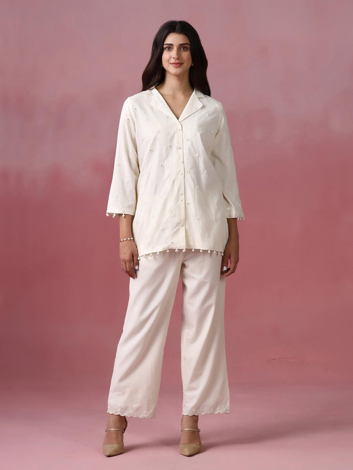 Women Cotton Off White With Embroidered Work Co Ord Set.