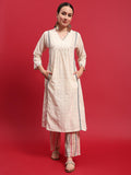 Women Cotton Off White Yarn Dyed Kurta With Comfort Pant.