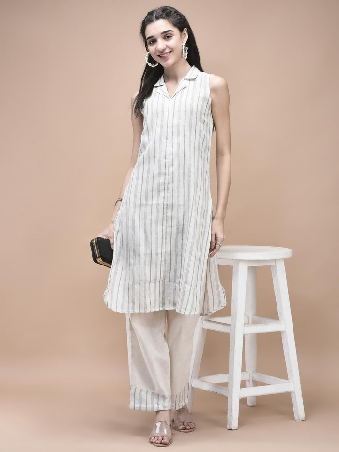 Women Cotton Off White Yarn Dyed Kurta With Comfort Pant.
