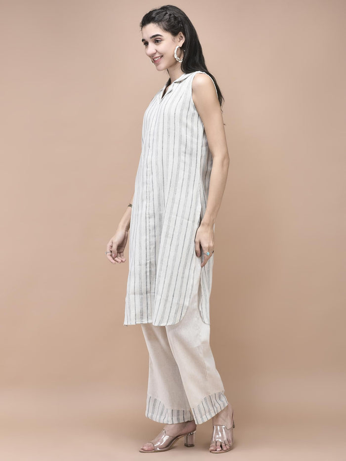Women Cotton Off White Yarn Dyed Kurta With Comfort Pant.