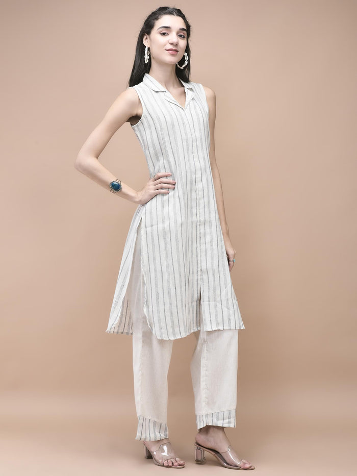 Women Cotton Off White Yarn Dyed Kurta With Comfort Pant.