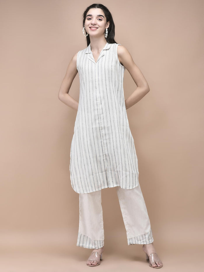 Women Cotton Off White Yarn Dyed Kurta With Comfort Pant.