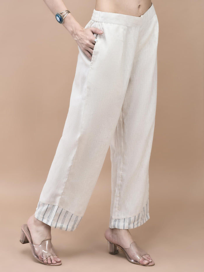Women Cotton Off White Yarn Dyed Kurta With Comfort Pant.