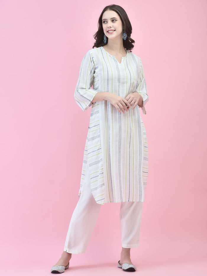 Women Cotton Off White Yarn Dyed Kurta.
