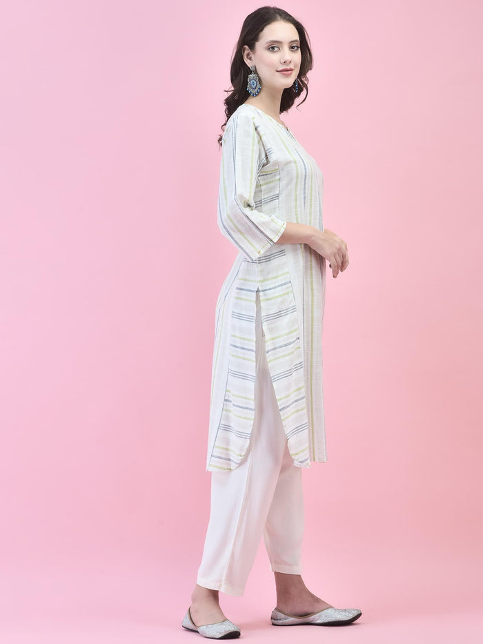 Women Cotton Off White Yarn Dyed Kurta.
