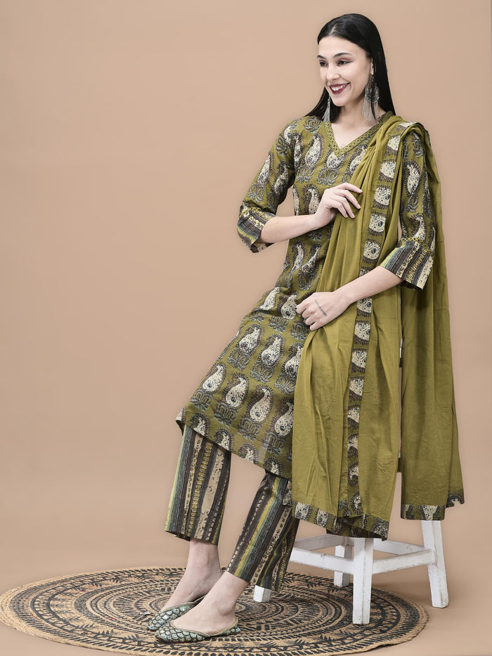 Women Cotton Olive Paisley Print Kurta Comfort Pant Dupatta.
