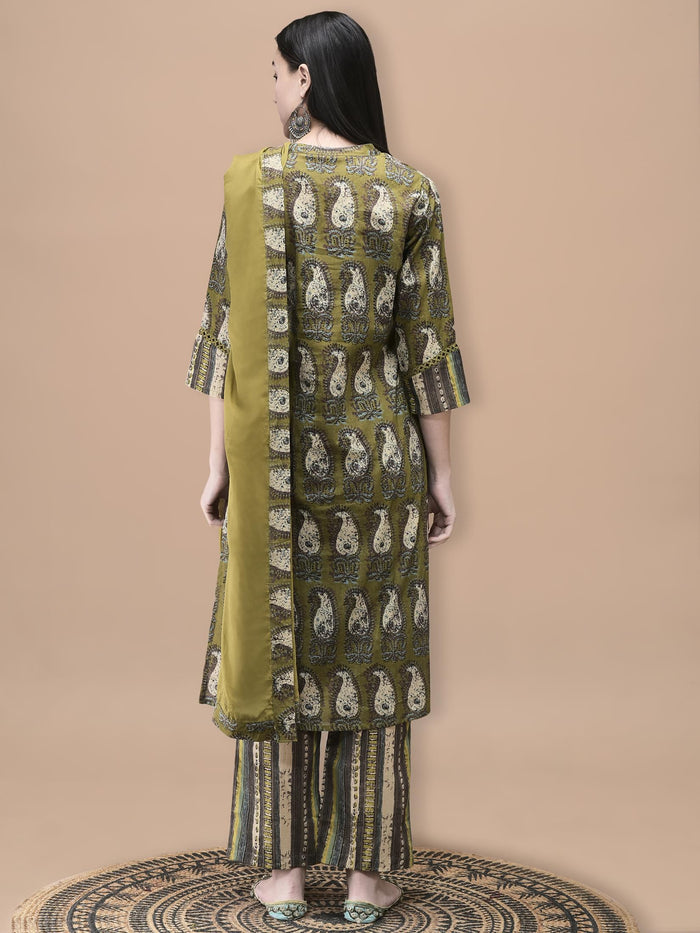Women Cotton Olive Paisley Print Kurta Comfort Pant Dupatta.