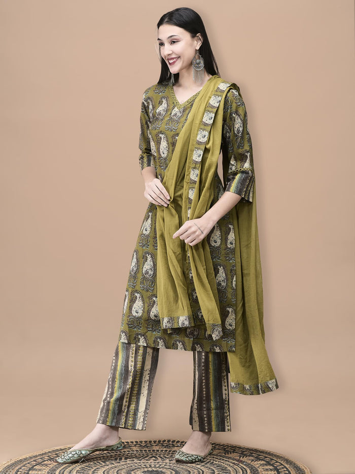 Women Cotton Olive Paisley Print Kurta Comfort Pant Dupatta.