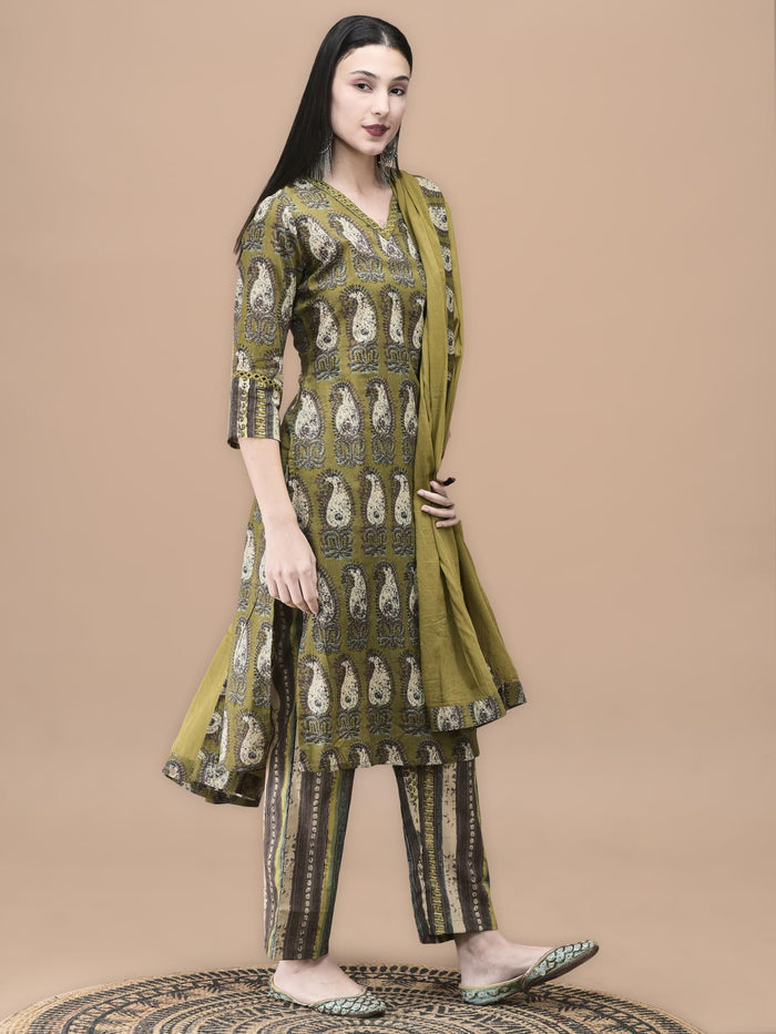 Women Cotton Olive Paisley Print Kurta Comfort Pant Dupatta.