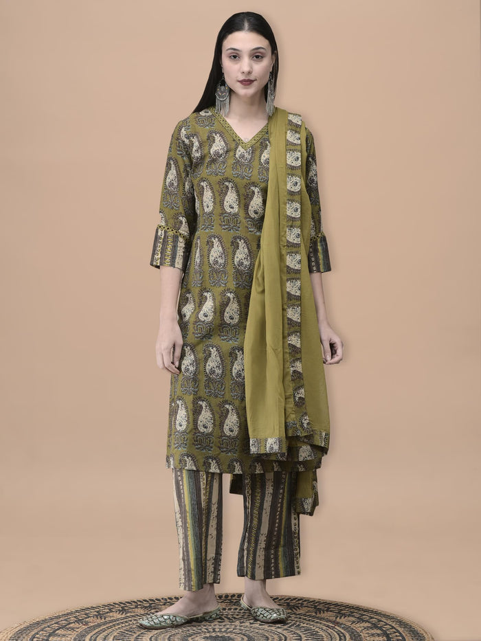 Women Cotton Olive Paisley Print Kurta Comfort Pant Dupatta.