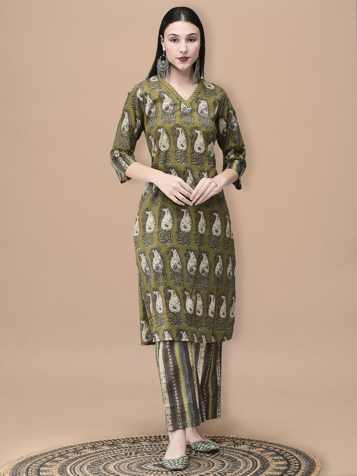 Women Cotton Olive Paisley Print Kurta Comfort Pant Dupatta.
