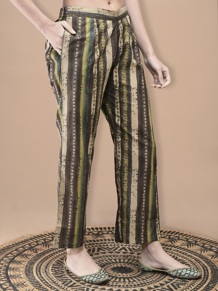 Women Cotton Olive Paisley Print Kurta Comfort Pant Dupatta.