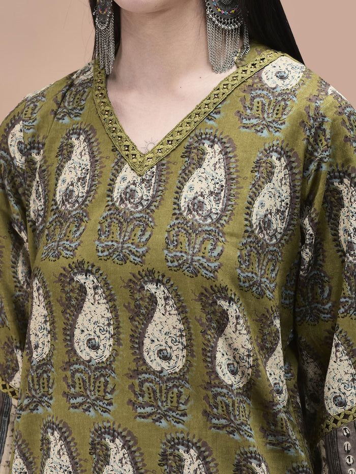 Women Cotton Olive Paisley Print Kurta Comfort Pant Dupatta.