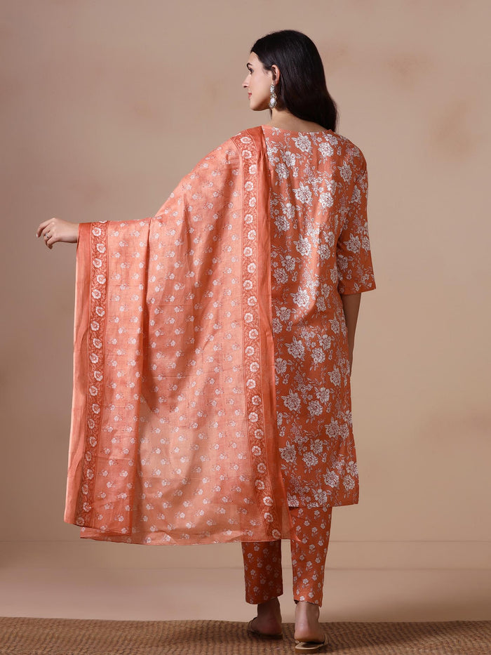 Women Cotton Peach Floral Print KurtaTrouser Dupatta.