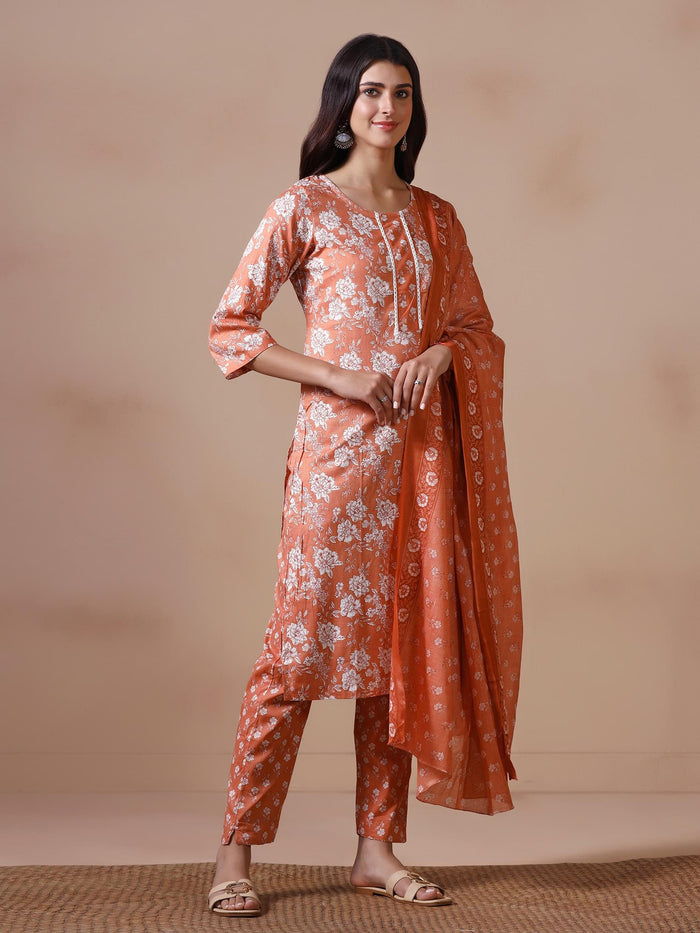 Women Cotton Peach Floral Print KurtaTrouser Dupatta.