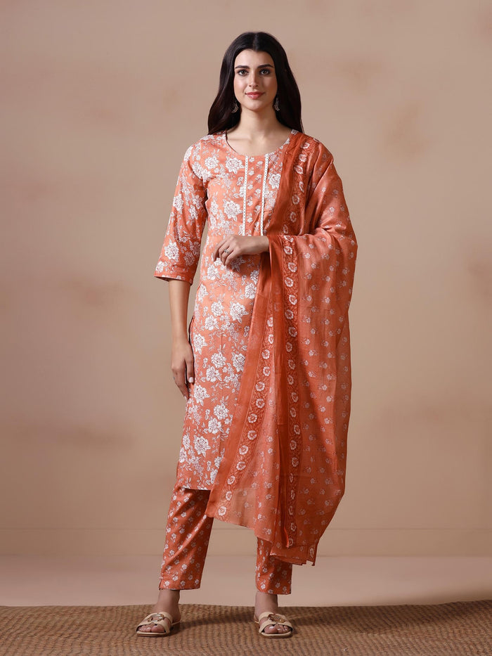 Women Cotton Peach Floral Print KurtaTrouser Dupatta.