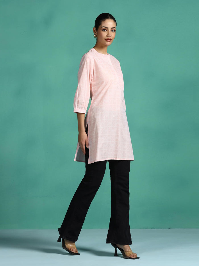 Women Cotton Peach Stripe Print Tunic.