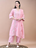 Women Cotton Pink Embroidered Kurta Comfort Pant Dupatta.