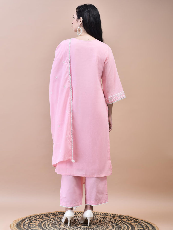 Women Cotton Pink Embroidered Kurta Comfort Pant Dupatta.